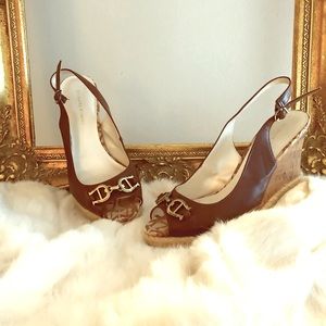 Etienne Aigner brown peeptoe wedge cork heels